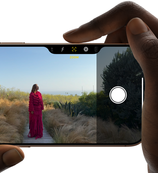 Controle da Câmera no iPhone 16 Pro, o dedo direito desliza pela lateral do telefone para ajustar a profundidade de campo