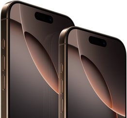 Parte da frente do iPhone 16 Pro Max de 6,9 polegadas e do iPhone 16 Pro de 6,3 polegadas, botão de Ação, botões de volume e Dynamic Island centralizada na parte superior