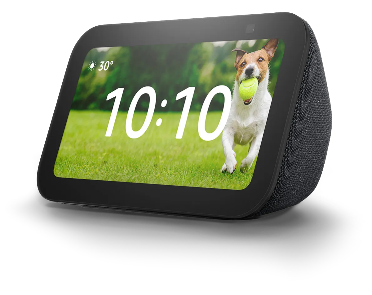 Dispositivo retangular com bordas arredondadas e tela touchscreen, exibindo icone referente ao clima e a temperatura, um relógio digital e uma imagem de um cachorro correndo com bola de tenis na boca num gramado e fundo desfocado arborizado e verde. Na parte superior direita da tela há uma pequena abertura quadrada, que é a câmera do dispositivo.