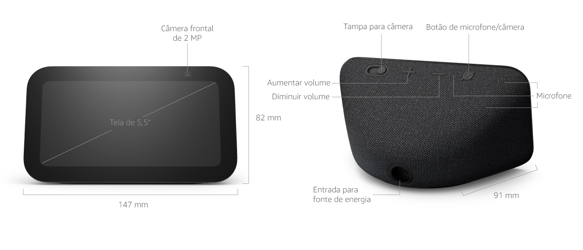 Diagrama do Echo Show 5 da Amazon com as dimensões e funcionalidades. A vista frontal mostra a tela touchscreen de 5,5 polegadas e a câmera frontal de 2 megapixels. A vista traseira apresenta botões de volume, tampa para a câmera, botão para ativar/desativar o microfone e a câmera, entrada de energia e microfones. As dimensões do dispositivo são 147mm de largura, 82mm de altura e 91mm de profundidade.