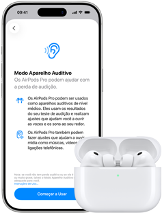 AirPods Pro 3 com estojo de recarga MagSafe, iPhone 17 Pro, texto na tela: modo Aparelho Auditivo