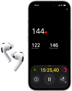 AirPods Pro 3, metade inferior da tela do iPhone 17 Pro, app Fitness mostrando a frequência cardíaca