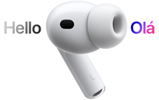 AirPods Pro 3, fone de ouvido com pontas de silicone, a Tradução ao Vivo altera o texto do espanhol para o inglês a palavra que diz olá