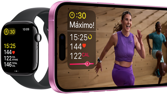 Métricas de exercício no Apple Watch Series 10 e no iPhone.