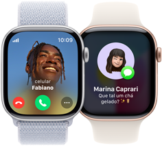 Um Apple Watch Series 10 recebendo uma ligação e outro Apple Watch Series 10 recebendo uma mensagem.