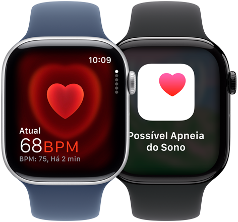 Dois aparelhos Apple Watch Series 10. Um mostra o app Batimentos com leitura atual de 68 BPM e o outro mostra a tela de notificação de apneia do sono.