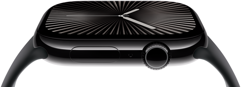 A tela e a Digital Crown de um Apple Watch Series 10 de perfil. O relógio se inclina para mostrar mais da tela.