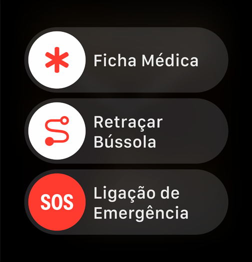 Imagem com os botões Ligação de Emergência, Ficha Médica e Retraçar Bússola.