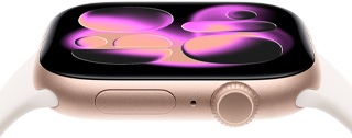 Apple Watch Series 11 com caixa de alumínio na cor de ouro rosa e pulseira esportiva blush-clara, mostrador Arte Responsiva, Digital Crown, microfone e botão lateral no lado direito