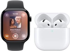 Apple Watch Series 11 com caixa ardósia de titânio e pulseira esportiva preta, app Apple Music aberto, emparelhado com AirPods 4