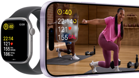 Apple Watch ao lado do iPhone com uma aula do Apple Fitness Plus na tela