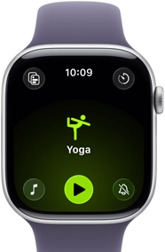 Apple Watch Series 11 com caixa prateada de alumínio e pulseira esportiva roxo-névoa, exercício de yoga aberto, Digital Crown no lado direito
