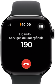 Apple Watch Series 11 com caixa preta brilhante de alumínio e pulseira esportiva preta, ligação de emergência para os serviços de resgate na tela, Digital Crown no lado direito