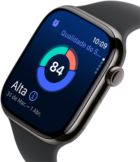 Close do Apple Watch Series 11 com caixa ardósia de titânio, mostrando a pontuação da Qualidade do Sono na tela