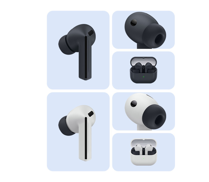 Vemos o fone de ouvido Galaxy Buds3 FE preto isolado. Um close de um Galaxy Buds3 FE preto com foco na parte frontal e na ponta auricular que ajuda a vedar o som. Vemos um par de Galaxy Buds3 FE pretos em um estojo de carregamento aberto. Vemos um fone de ouvido Galaxy Buds3 FE cinza isolado. Um close de um Galaxy Buds3 FE cinza com foco na parte frontal e na ponta auricular que ajuda a vedar o som. Vemos um par de Galaxy Buds3 FE cinza em um estojo de carregamento aberto.