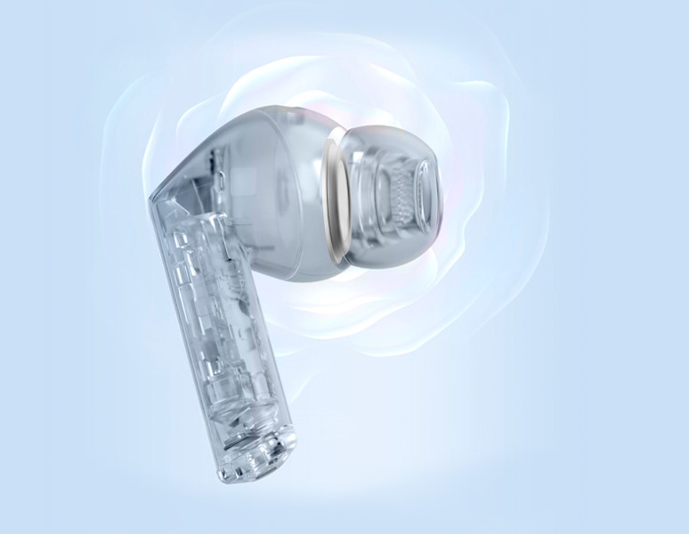 Vista lateral de um Galaxy Buds3 FE, revelando o alto-falante dentro do fone com ondas sonoras ao redor para representar o som balanceado sendo emitido.