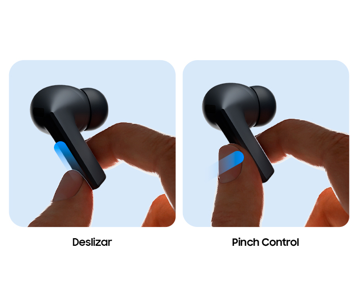 Vemos um dedo deslizando sobre a lâmina de um Galaxy Buds3 FE preto para ajustar o volume de forma fácil. Um dedo pressiona a lâmina de um Galaxy Buds3 FE preto para pausar, reproduzir e pular faixas instantaneamente.