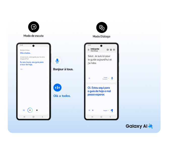 Vemos um Samsung Galaxy S25 com o Modo de Escuta do recurso Intérprete aberto, exibindo o texto original em francês seguido imediatamente pela tradução em português. A tradução em português mostra na primeira linha Olá, pessoal e, na seguinte, “Eu sou Louis e serei o guia turístico de vocês hoje” em texto escrito. Ícone do Galaxy AI ao lado de um Samsung Galaxy S25 com o Modo de Dialógo do Intérprete aberto, exibindo o texto original em francês. Abaixo do texto em francês está a tradução para o português, mostrando como o Intérprete facilita conversas em outros idiomas. A tradução em português exibe “Olá! Estou aqui para a visita guiada e mal posso esperar” em texto escrito.