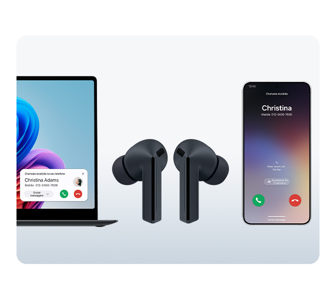 Da esquerda para a direita, vemos: um notebook Samsung Galaxy Book, um Galaxy Buds3 FE preto e um Samsung Galaxy S25. Uma chamada do Galaxy S25 aparece na tela do Galaxy Book, que está sendo usado com o Galaxy Buds3 FE para transferir o áudio de forma contínua entre diferentes dispositivos com o Auto Switch.
