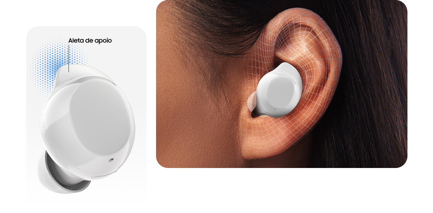 Vemos apenas um dos fones brancos Galaxy Buds Core com as pontas de silicone ajustáveis indicando o design. Uma mulher está utilizando-o no ouvido esquerdo, mostrando como ele se encaixa perfeitamente.