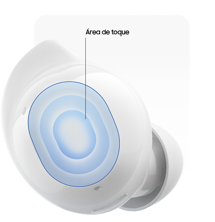 Vemos apenas um dos fones brancos Galaxy Buds Core com a indicação “Área de Toque” no centro, mostrando onde o usuário deve tocar.