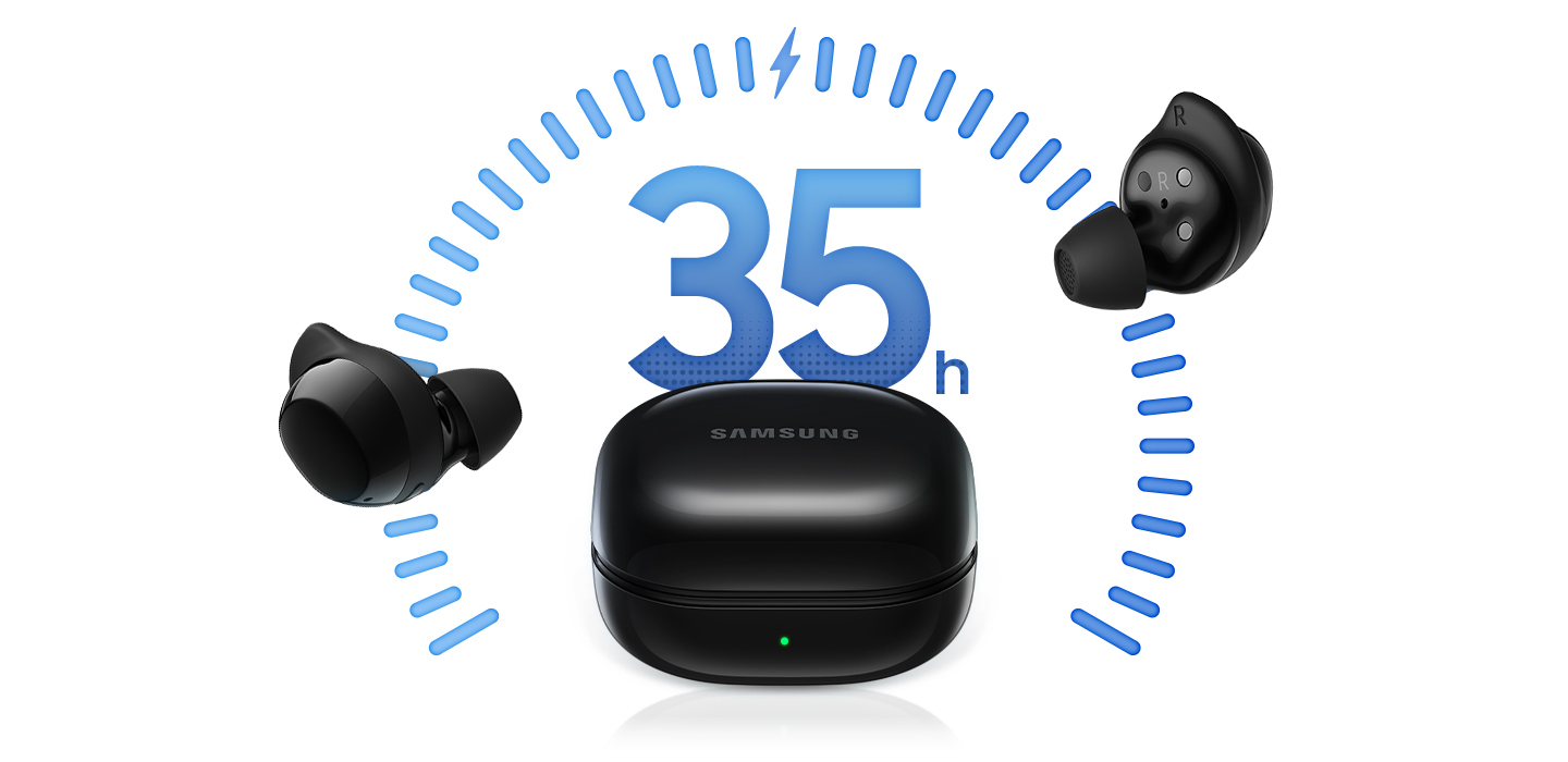 Um estojo de carregamento Galaxy Buds Core preto está ao centro, com os fones posicionados à esquerda e à direita do estojo. Ao fundo, vemos o texto “35h” representando o tempo de reprodução.