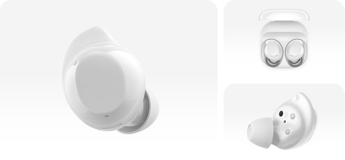 Vemos apenas um dos fones brancos Galaxy Buds Core e o par de Galaxy Buds Core brancos dentro do estojo de carregamento. Vemos também um fone branco destacando a ponteira e o lado voltado para o ouvido.