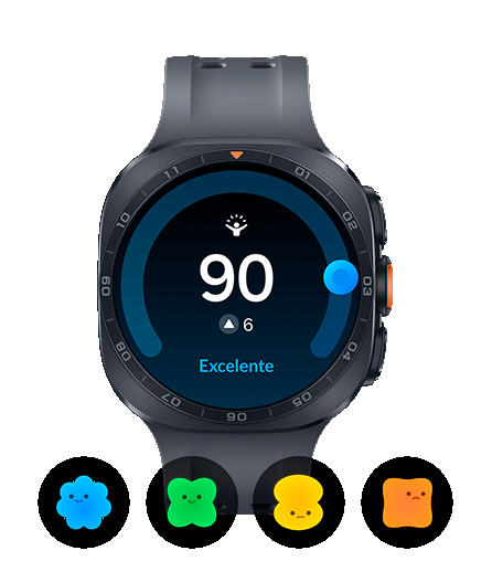 Galaxy Watch Ultra2 na cor Titânio Preta com pulseira Marine Band preta, exibido de frente; a tela mostra uma excelente Pontuação de Energia de 90 — um aumento de 6 pontos em relação ao dia anterior — e, abaixo, quatro ícones de personagens que representam diferentes níveis de Pontuação de Energia.