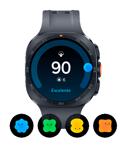 Galaxy Watch Ultra2 na cor Titânio Preta com pulseira Marine Band preta, exibido de frente; a tela mostra uma excelente Pontuação de Energia de 90 — um aumento de 6 pontos em relação ao dia anterior — e, abaixo, quatro ícones de personagens que representam diferentes níveis de Pontuação de Energia.