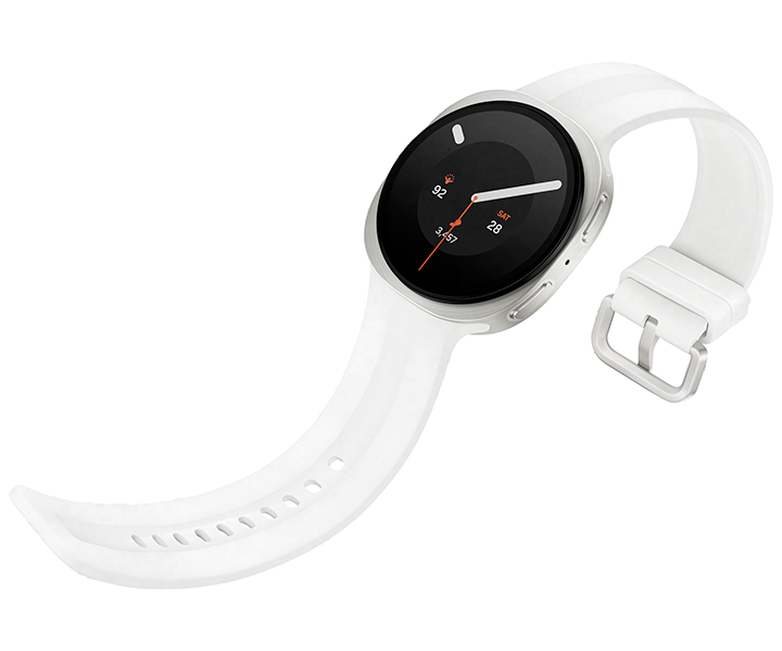 Galaxy Watch9 na cor Prata com Pulseira Sport na cor Branco, mostrado virado levemente para a esquerda com a pulseira aberta, destacando o design fino e suave da Pulseira Sport para um conforto o dia todo no seu pulso.