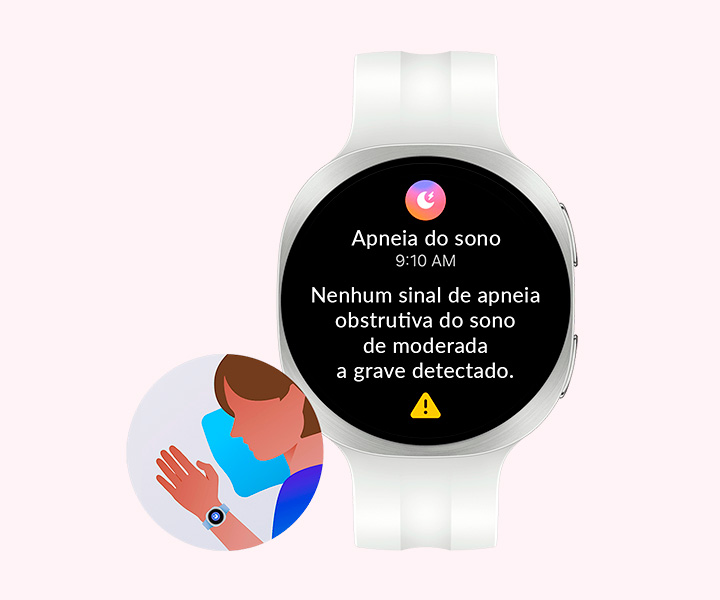 Galaxy Watch9 na cor Prata com Pulseira Sport na cor Branco, mostrado de frente com a interface do recurso de detecção de risco de apneia do sono exibida na tela, com um ícone de apneia do sono, o horário e o texto Nenhum sinal de apneia obstrutiva do sono de moderada a grave detectado. Ícone ilustrativo de uma pessoa usando o Galaxy Watch9 no pulso enquanto dorme, com o recurso de detecção de risco de apneia do sono ativado.