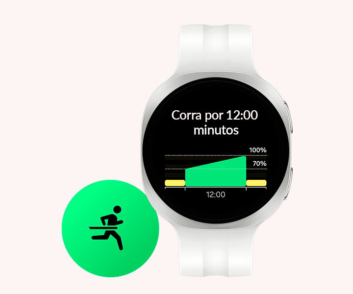 Programa de Treinador de Corrida no Galaxy Watch 9 na cor Branco com Pulseira Esportiva na cor Branco. Texto indicando Correr por 12:00 minutos e gráfico relacionado abaixo. Ao lado do Galaxy Watch9, há o ícone de exercício de corrida.