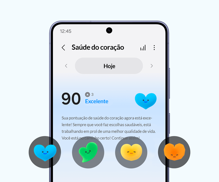 Uma Pontuação da saúde do coração de 90 do Galaxy Watch9, exibida na tela do Galaxy S26, com uma explicação da pontuação. Um total de 4 ícones coloridos representando diferentes níveis de Pontuação da saúde do coração.