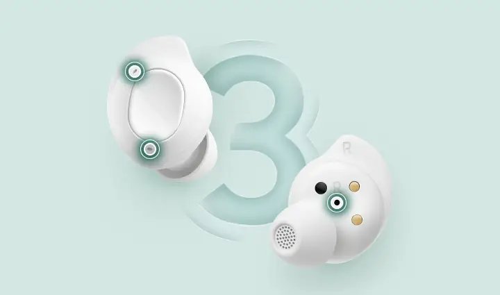Três microfones Galaxy Buds FE