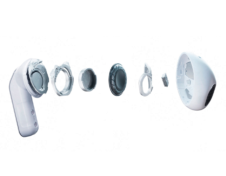 Um único fone Galaxy Buds4 aparece em visualização explodida, revelando seus componentes internos, incluindo o woofer.