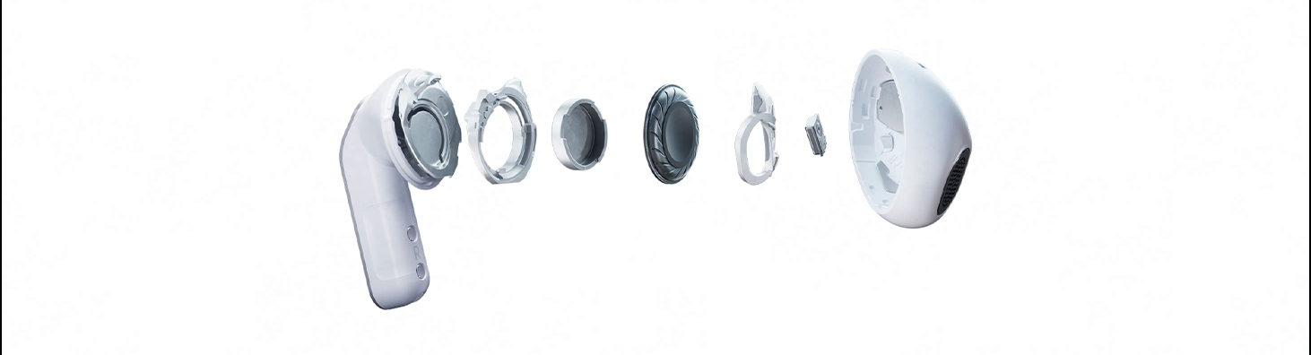 Um único fone Galaxy Buds4 aparece em visualização explodida, revelando seus componentes internos, incluindo o woofer.