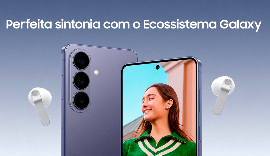 A imagem mostra um par de Galaxy Buds4 brancos envolvendo dois smartphones Galaxy. 
Um deles mostra a parte traseira e o outro mostra uma pessoa usando Galaxy Buds4 brancos.