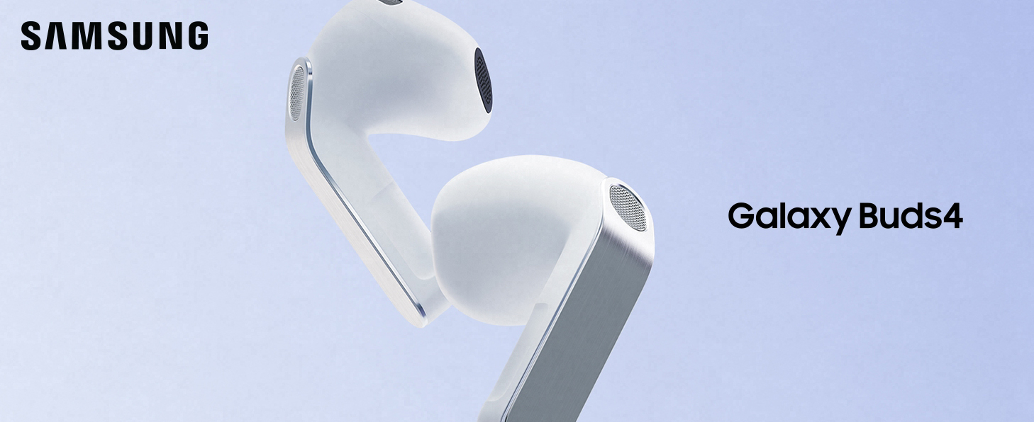 Close up of the corner of Galaxy Buds Ultra in Cobalt Violet, showing camera lenses with a S Pen placed in front of the device. Galaxy AI