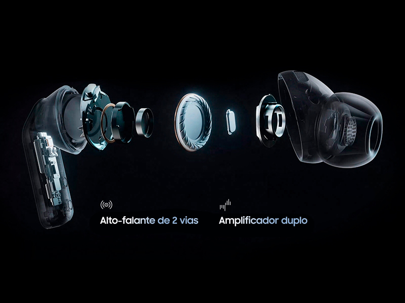 A imagem mostra um único fone Galaxy Buds4 Pro em uma visão explodida, mostrando o sistema de áudio interno, incluindo o woofer mais amplo e o tweeter do alto-falante de 2 vias