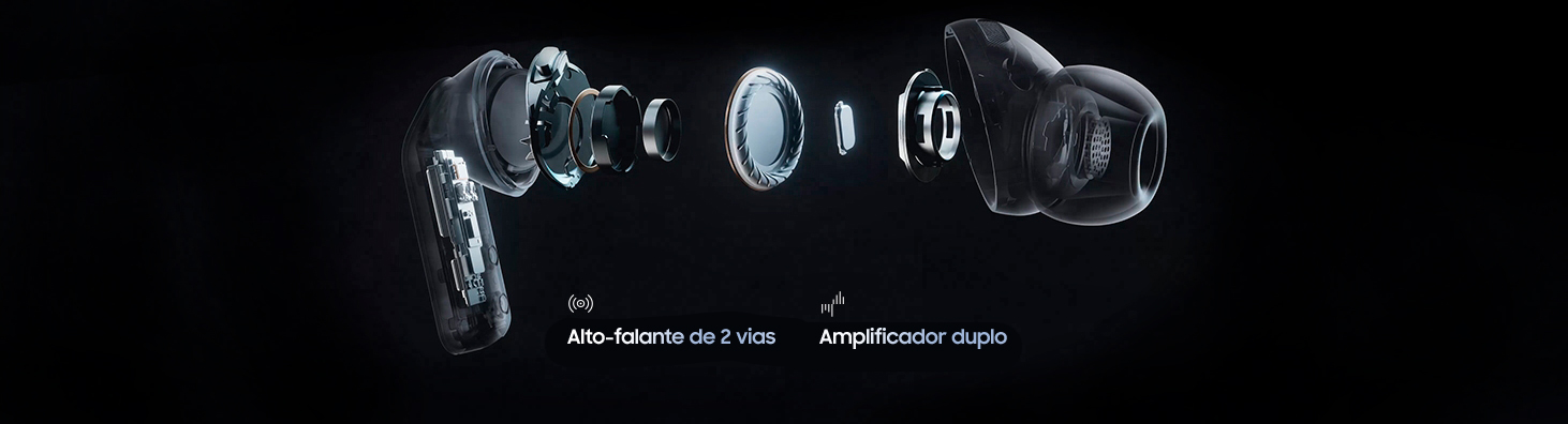 A imagem mostra um único fone Galaxy Buds4 Pro em uma visão explodida, mostrando o sistema de áudio interno, incluindo o woofer mais amplo e o tweeter do alto-falante de 2 vias