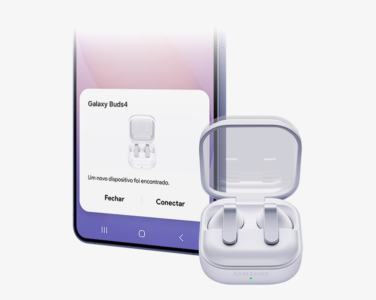A imagem mostra um smartphone Galaxy com um pop-up de Pareamento Fácil na tela. Ao lado, aparece um par de Galaxy Buds4 no estojo de carregamento com a tampa aberta.