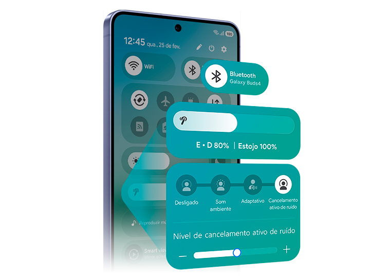 A imagem mostra um  smartphone Galaxy com o Painel Rápido aberto, destacando os recursos da nova One UI 8.5, como Bluetooth, volume e cancelamento de ruído.