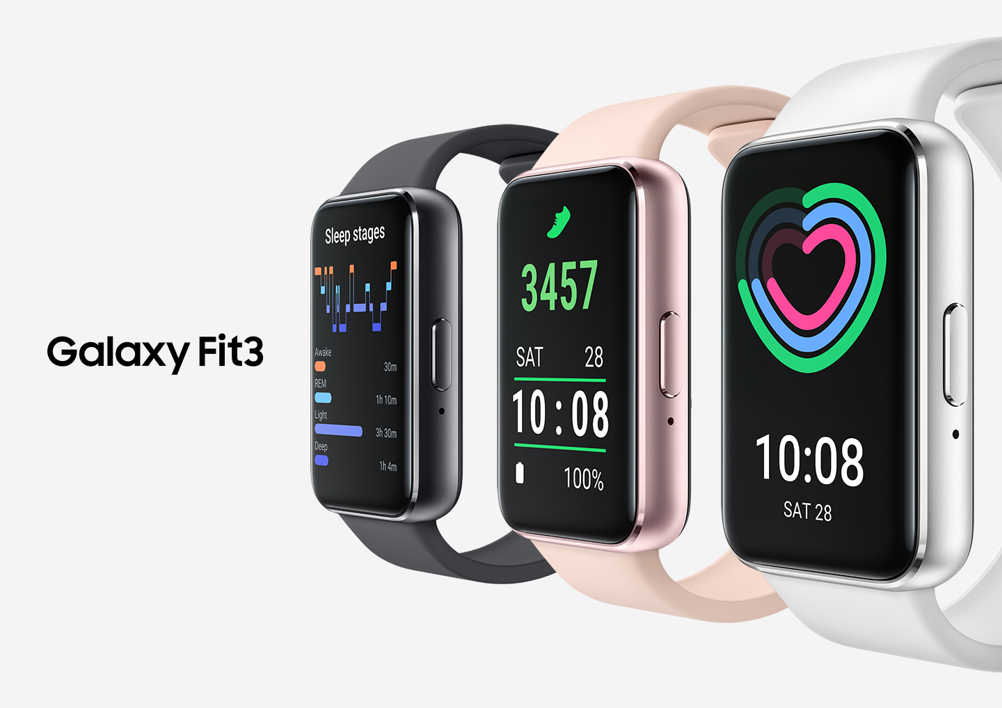 Vemos três dispositivos Galaxy Fit3 alinhados e virados de lado. Vemos o Galaxy Fit3 Grafite com o recurso de monitoramento do sono na tela, 
                o Galaxy Fit3 Rosé com o recurso de monitoramento de passos e o Galaxy Fit3 Prata com o recurso de monitoramento da atividade diária.