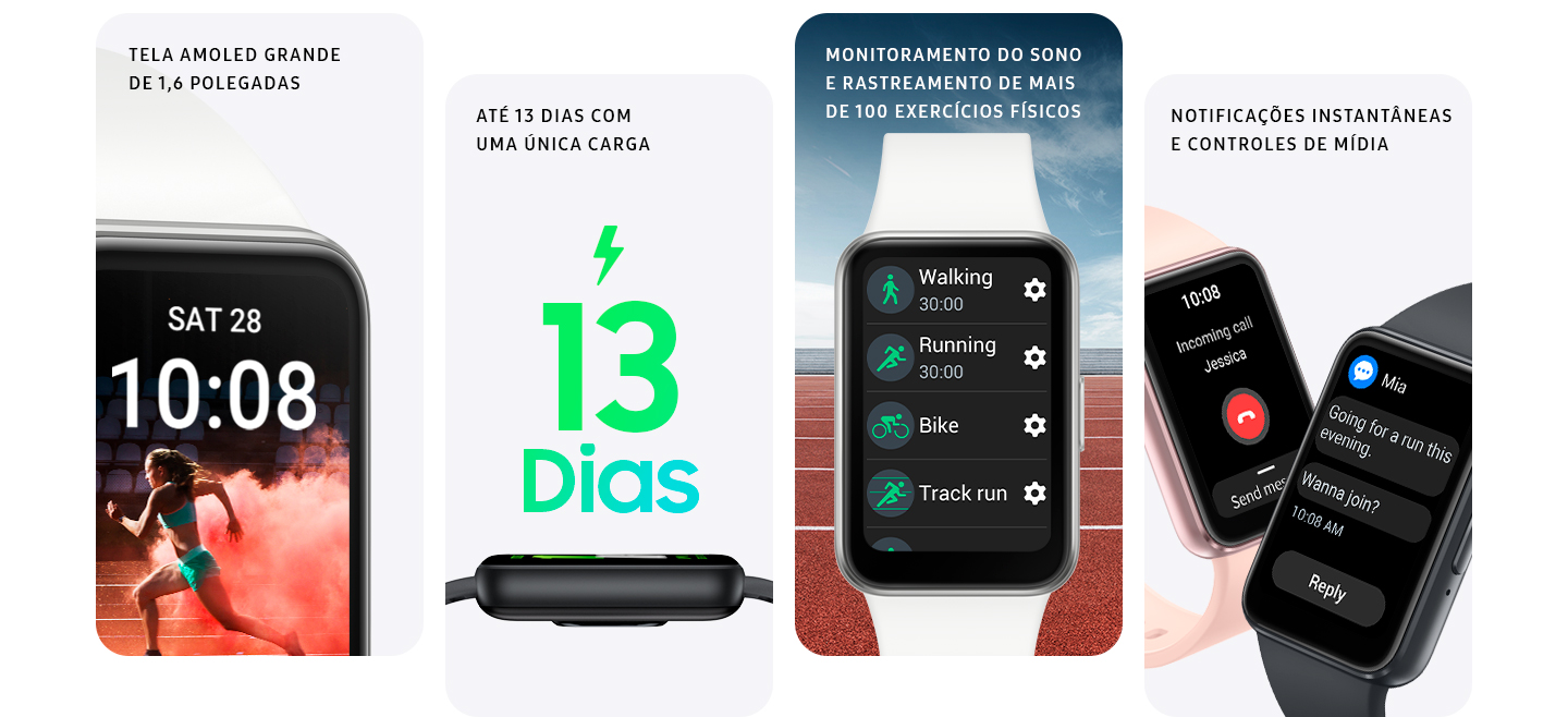 Vemos quatro blocos, cada um mostrando um recurso diferente do Galaxy Fit3. Um com a tela em close-up, outro mostrando a lateral do dispositivo com o texto '13 dias', outro mostrando uma lista de modos de exercício e o último com dois dispositivos Galaxy Fit3, um deles exibindo uma chamada recebida e o outro, um bate-papo por mensagem de texto.