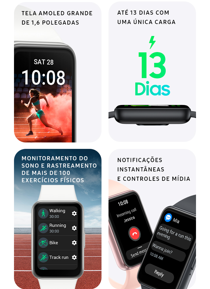 Vemos quatro blocos, cada um mostrando um recurso diferente do Galaxy Fit3. Um com a tela em close-up, outro mostrando a lateral do dispositivo com o texto '13 dias', outro mostrando uma lista de modos de exercício e o último com dois dispositivos Galaxy Fit3, um deles exibindo uma chamada recebida e o outro, um bate-papo por mensagem de texto.