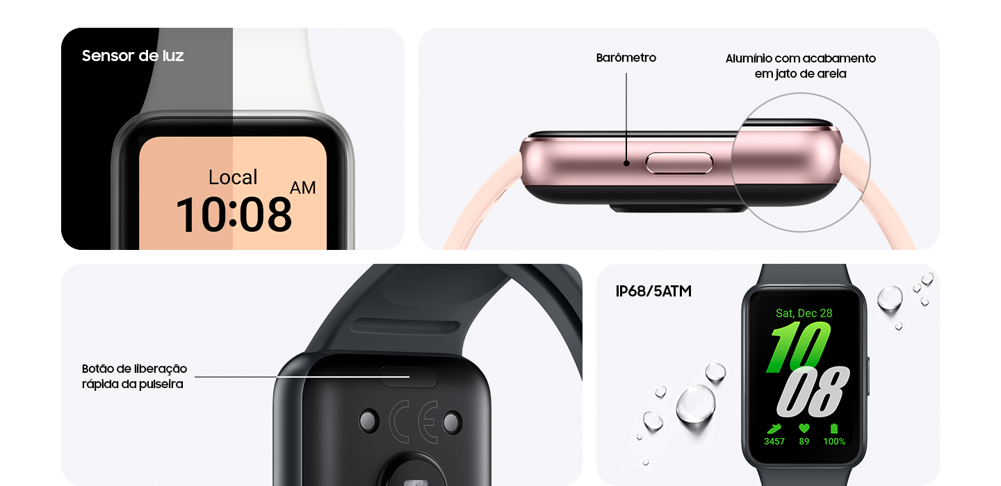Vemos quatro blocos, cada um mostrando um recurso de design diferente do Galaxy Fit3. Um com o botão de liberação rápida da pulseira na parte de trás. Outro com a lateral em close-up para mostrar o barômetro e o alumínio com acabamento em jato de areia. Outro com a tela em que cada metade mostra um brilho diferente para indicar o sensor de luz. Outro com gotículas de água na tela para ilustrar a resistência a água.