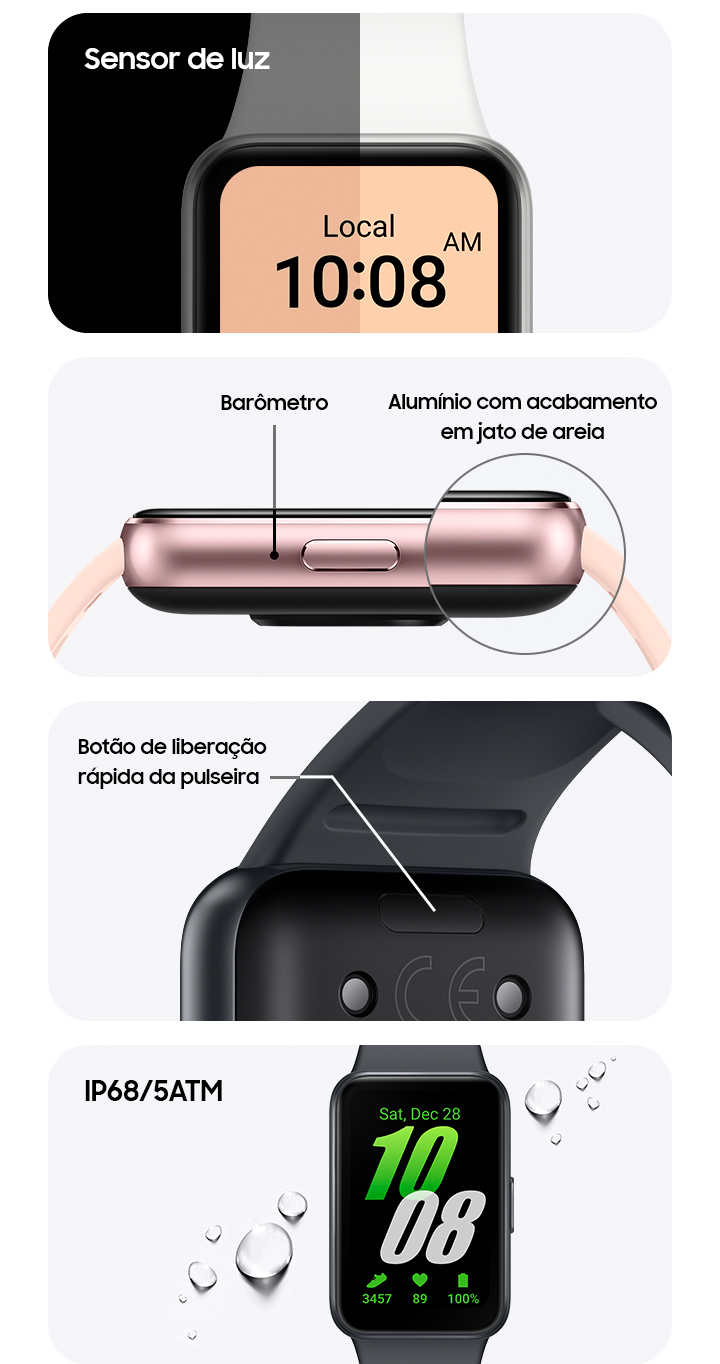 Vemos quatro blocos, cada um mostrando um recurso de design diferente do Galaxy Fit3. Um com o botão de liberação rápida da pulseira na parte de trás. Outro com a lateral em close-up para mostrar o barômetro e o alumínio com acabamento em jato de areia. Outro com a tela em que cada metade mostra um brilho diferente para indicar o sensor de luz. Outro com gotículas de água na tela para ilustrar a resistência a água.