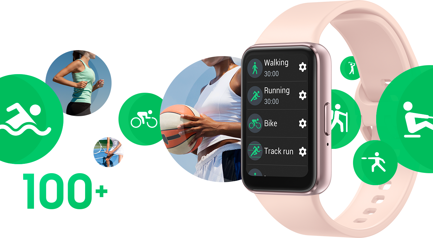 Vemos um Galaxy Fit3 com vários ícones de modo de exercício, incluindo bicicleta e natação em piscina, deslizando pelo dispositivo.