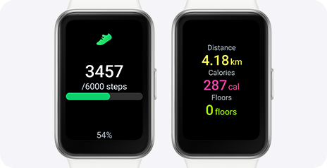 Vemos dois Galaxy Fit3 com o recurso de rastreamento de passos aberto, um com o número de passos dados e o outro com distância, calorias e pisos.