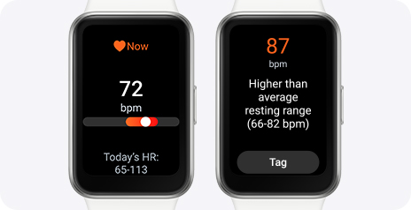 Vemos dois Galaxy Fit3 com o recurso de medição de frequência cardíaca aberto, um exibindo o bpm atual e a faixa de frequência cardíaca de hoje e o outro com uma mensagem de alerta de bpm alto.